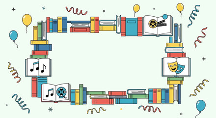 Fototapeta premium Colorful frame made of books with elements of art and celebration surrounding it