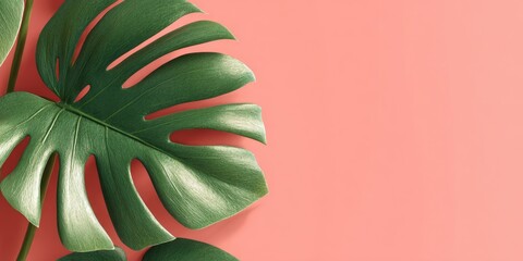 Lush green monstera leaf against a coral pink backdrop; ample copy space