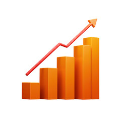 3d orange bar chart with a red upward trending arrow isolated on transparent background