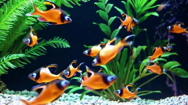vibrant 4k close up of harlequin rasbora fish gliding gracefully among lush green aquatic plants in a freshwater aquarium showcasing tropical underwater beauty and serene aquatic motion