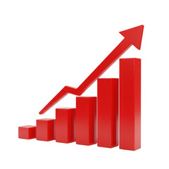 Red bar chart with upward trend arrow showing growth and progress isolated on transparent background