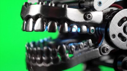 Close up on a talking cybernetic dinosaur robot head, its metallic jaws open, showing steel teeth and glowing technology inside against a greenscreen. - Powered by Adobe