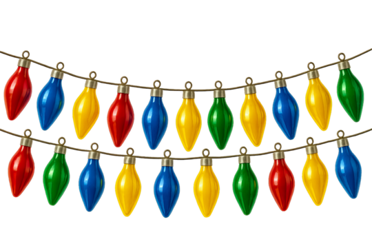 Vintage Glass Christmas Garland with 16 Bright Teardrop Bulbs in Red Blue Yellow and Green Cutout Transparent PNG