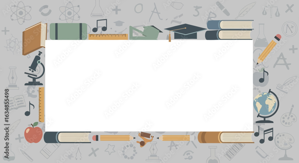 Poster education and learning: a colorful frame with school-related elements and objects