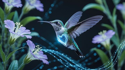 Tiny hummingbird with glowing heart among purple flowers nature