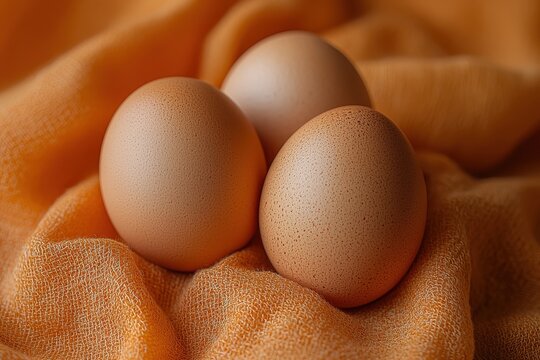 Three brown eggs resting on soft orange fabric close-up shot