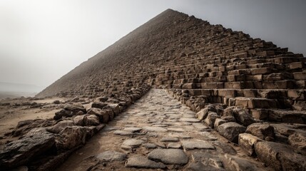 Ancient stone pathway leads to the majestic great pyramid of giza under a hazy sky