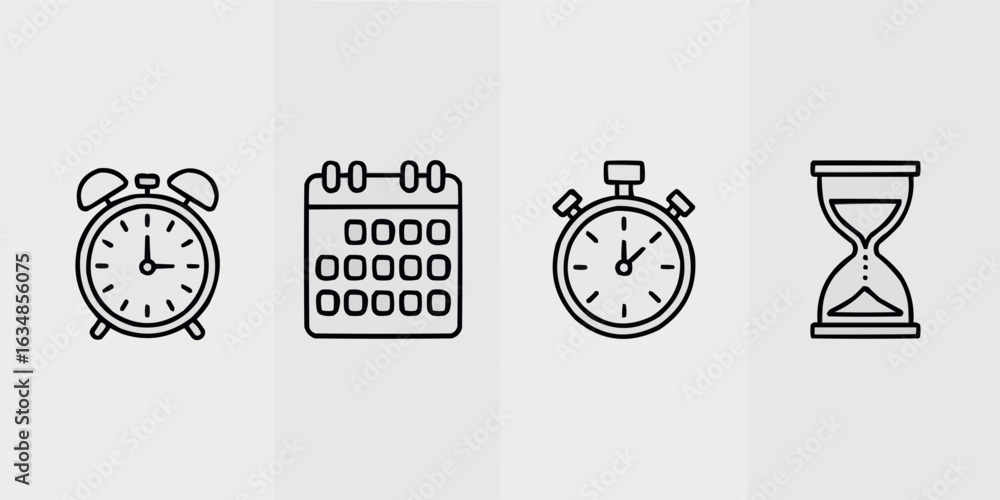 Poster line art set of time related symbols featuring an alarm clock a calendar a stopwatch and an hourglas