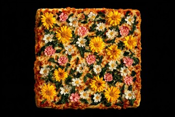 Delicious appetizing pizza with beautiful flowers. Exotic food. Image for designers, marketers and IT. Popular illustration, object. Sphere of trade, economy, sales.