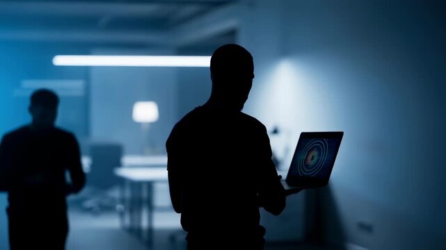 Male designer works on laptop in dark office, creating digital media content with futuristic technology and modern design visualization. - Powered by Adobe