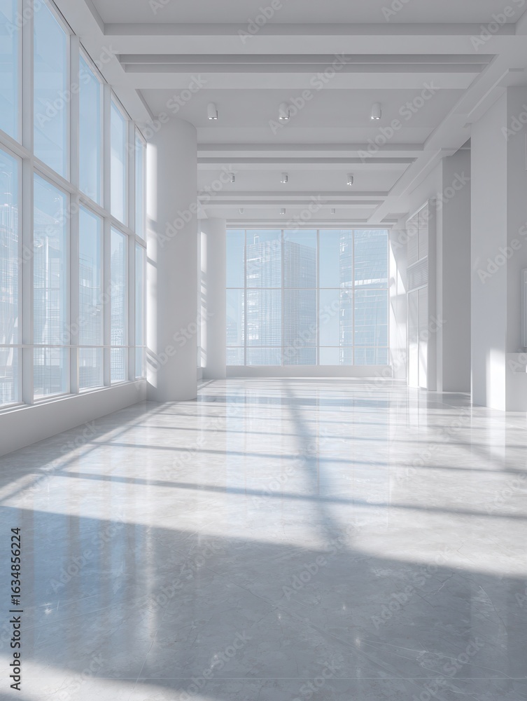 Poster a wideangle view of an empty modern office building with large windows and white walls