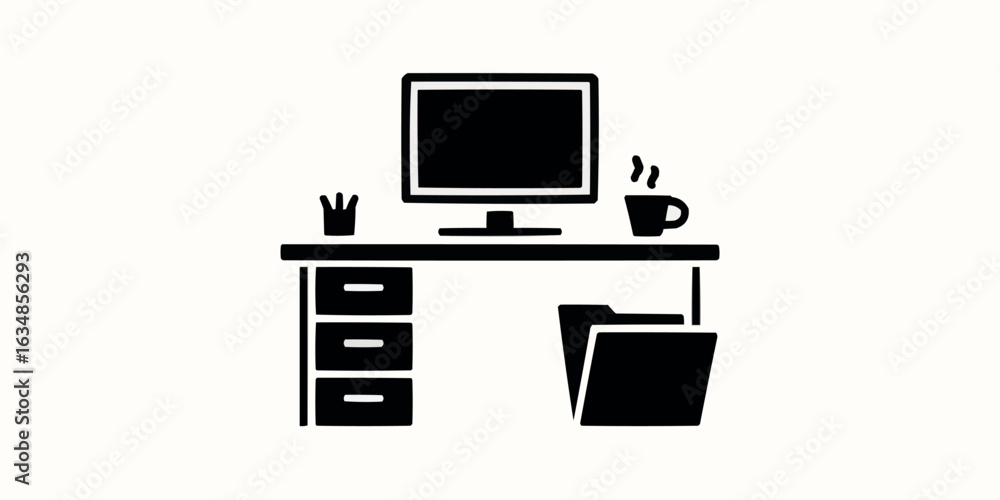 Fototapete modern desk setup featuring a computer monitor coffee cup and file folder representing office worksp