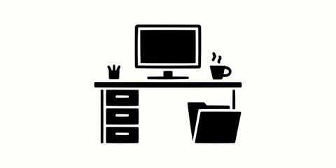 Modern desk setup featuring a computer monitor coffee cup and file folder representing office workspace and remote work setup