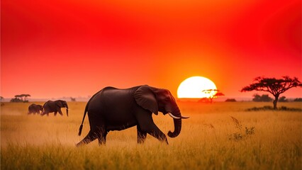Fototapeta premium Elephants walking across the savanna at sunset 