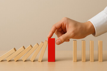 Hand stopping falling wooden dominoes using red block symbolizes risk prevention and decision control in business crisis