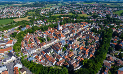 Aerial view of the city Schrobenhausen in Germany, Bavaria on a sunny  spring day