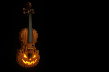 Haunted violin carved from pumpkin, glowing in darkness, evokes spooky atmosphere perfect for Halloween celebrations