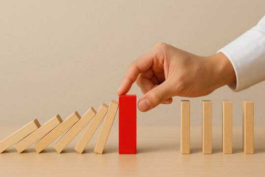 Hand stopping falling wooden dominoes using red block symbolizes risk prevention and decision control in business crisis