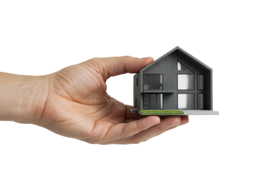 Caucasian adult hand holding modern minimalist house model. Cut out PNG
