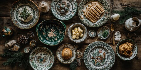 Cozy rustic Christmas brunch scene viewed from above with vintage decor elements.