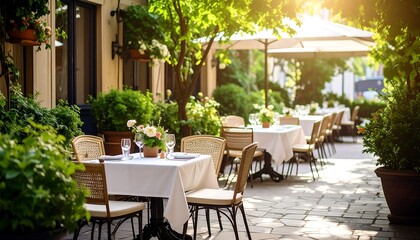 Sunlit patio restaurant with tables set for diners, surrounded by lush greenery
