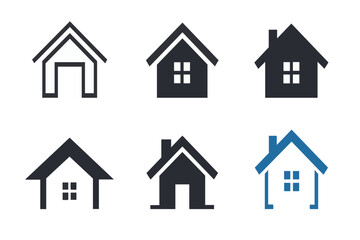 A vector illustration set of residential house icons featuring various architectural styles, roofs, and windows, ideal for real estate, business, or web design