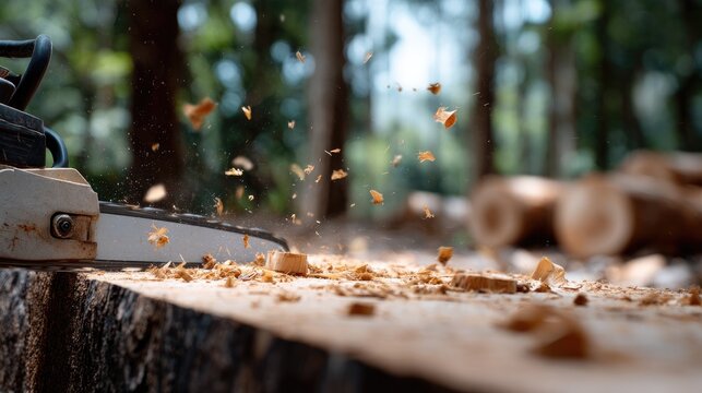 A skilled worker uses a chainsaw to efficiently cut a log into sections while wearing safety gear on a busy forestry site