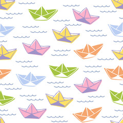 Cute colorful paper boats on water seamless pattern. Origami boats. Abstract ship, sailboat, travel, ocean, sea, beach vacation background. Fabric, paper design.