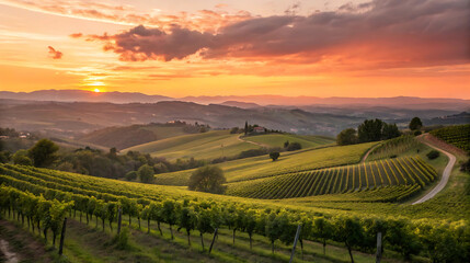 Fototapeta premium Picturesque vineyard landscape at sunset with rolling hills and colorful sky in countryside