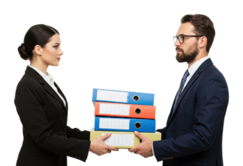 Caucasian business professionals exchanging documents with office binders. Cut out PNG
