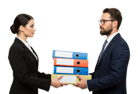 Caucasian business professionals exchanging documents with office binders. Cut out PNG