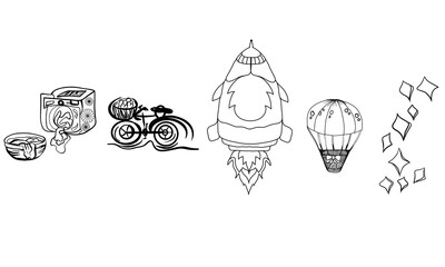 drawn doodle, sketch set, laundry, bicycle, rocket, hot air balloon elements,illustrations, simple hand-drawn icons,doodle art collection,cartoon washing machine, bicycle,and rocket drawings