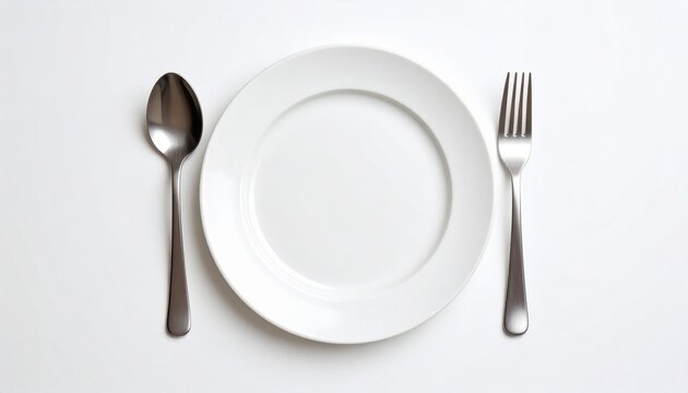 Minimalist table setting with white plate, spoon, and fork on white background.