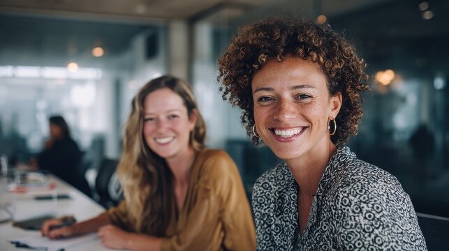 two diverse female designers smiling while working together at a boardroom table during a meeting in a modern office no logos no brands ar 169