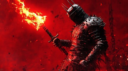 Armored knight holding a flaming sword in a dark red and fiery environment
