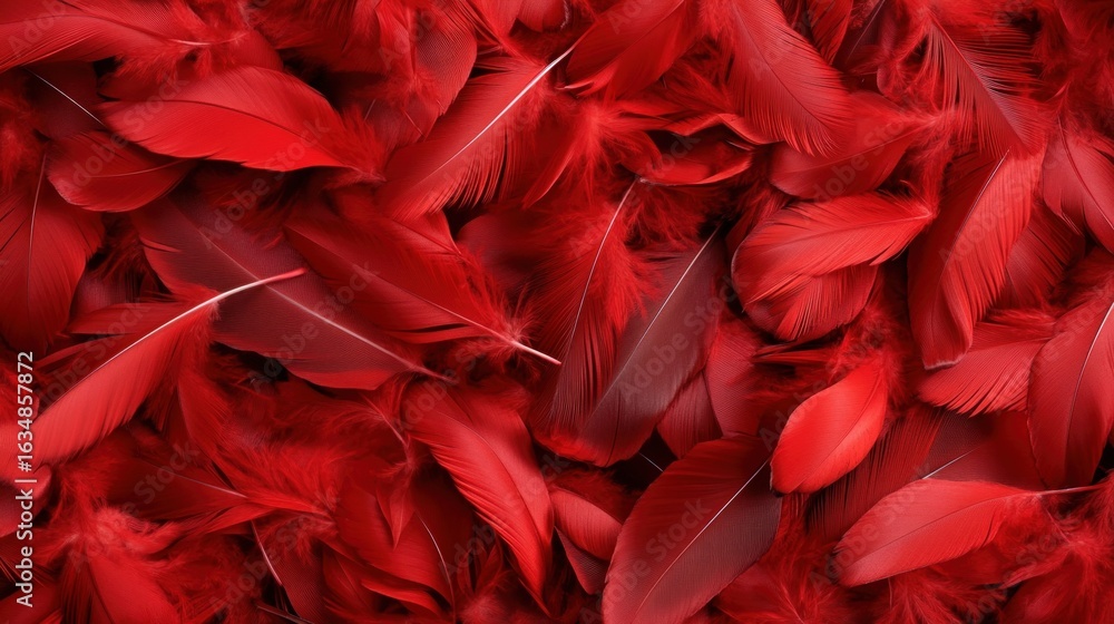 Poster red feathers texture background detailed soft plumes pattern