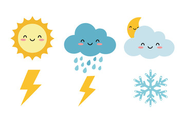 A colorful cartoon weather icons set with smiling sun, clouds, and rain symbols for a summer forecast design