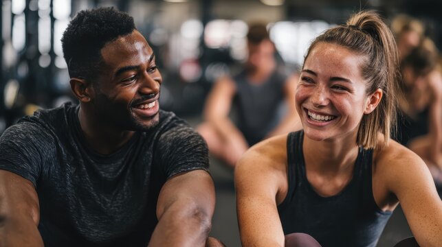 diverse friends in sportswear talking and laughing together while sitting on the floor of a gym after a workout no logos no brands ar 169