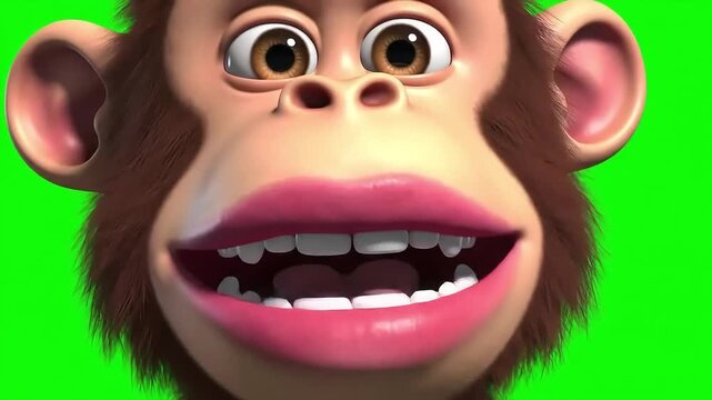 Funny 3D animated cartoon monkey character with big pink lips talking expressively, isolated on a green screen for easy chroma keying.