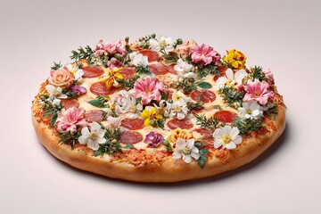 Delicious appetizing pizza with beautiful flowers. Exotic food. Image for designers, marketers and IT. Popular illustration, object. Sphere of trade, economy, sales.