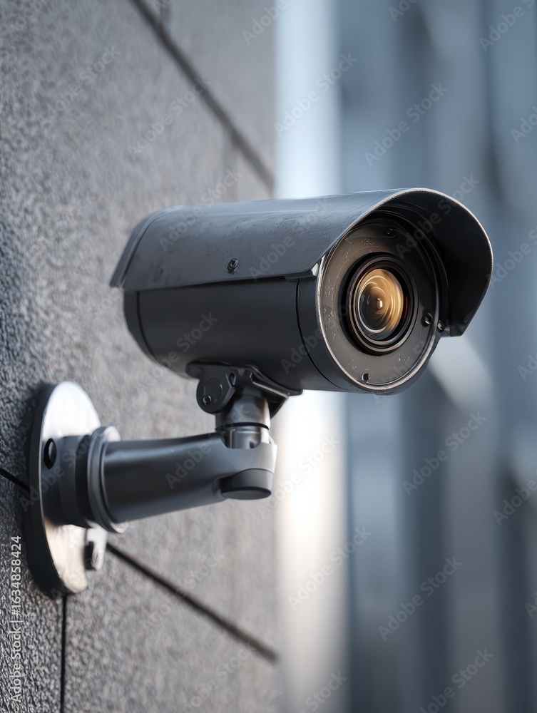 Poster a closeup view of a sleek security camera mounted on a wall designed for surveillance and monitoring