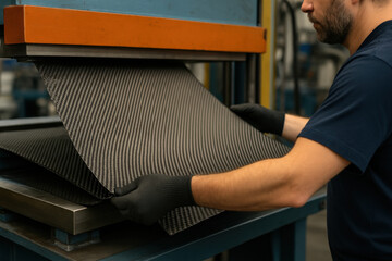Worker handling carbon fiber sheets on industrial press machine, showcasing high tech manufacturing process with precision and care