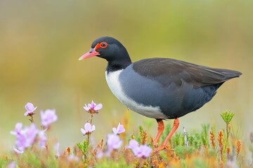 Common Moorhen foraging in vibrant wildflowers under soft sunlight, Common Moorhen Gallinula chloropus In the wild