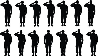Silhouette of saluting soldiers, military respect, army honor, disciplined troops, soldier tribute, uniformed men, patriotism, formation, service, loyalty