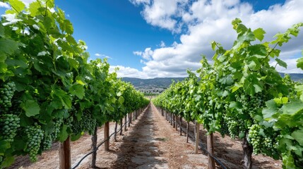 Naklejka premium Rows of healthy grapevines thrive under warm sunlight, showcasing abundant green clusters while fluffy clouds drift overhead