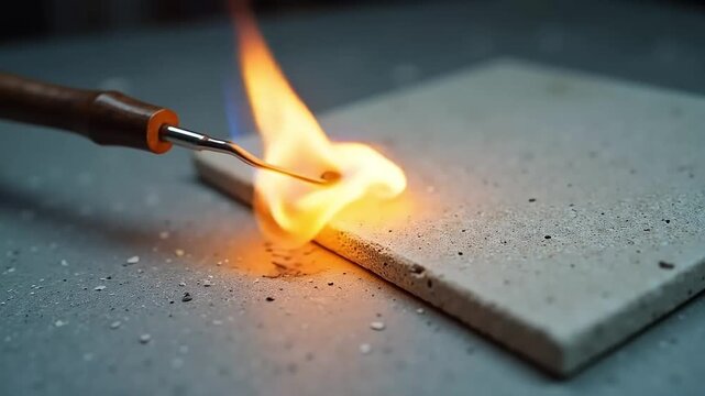 Fire resistance test on construction material using flame torch in laboratory setting
