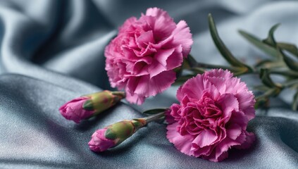 Three pink carnations, two in bloom, one bud, rest on soft, gray silk fabric; delicate, elegant presentation