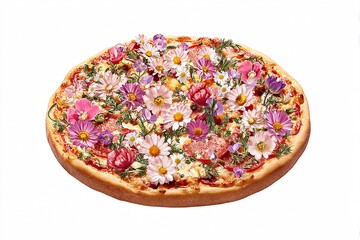 Delicious appetizing pizza with beautiful flowers. Exotic food. Image for designers, marketers and IT. Popular illustration, object. Sphere of trade, economy, sales.