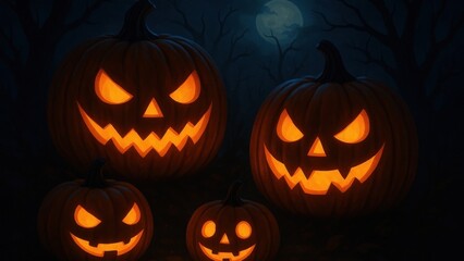 Fototapeta premium Glowing jack-o'-lanterns under moonlight.