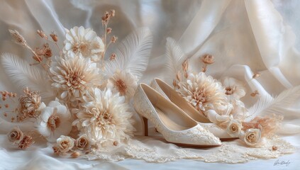Delicate ivory bridal heels nestled amongst creamy dried floral arrangements and lace, set against a flowing ivory fabric backdrop